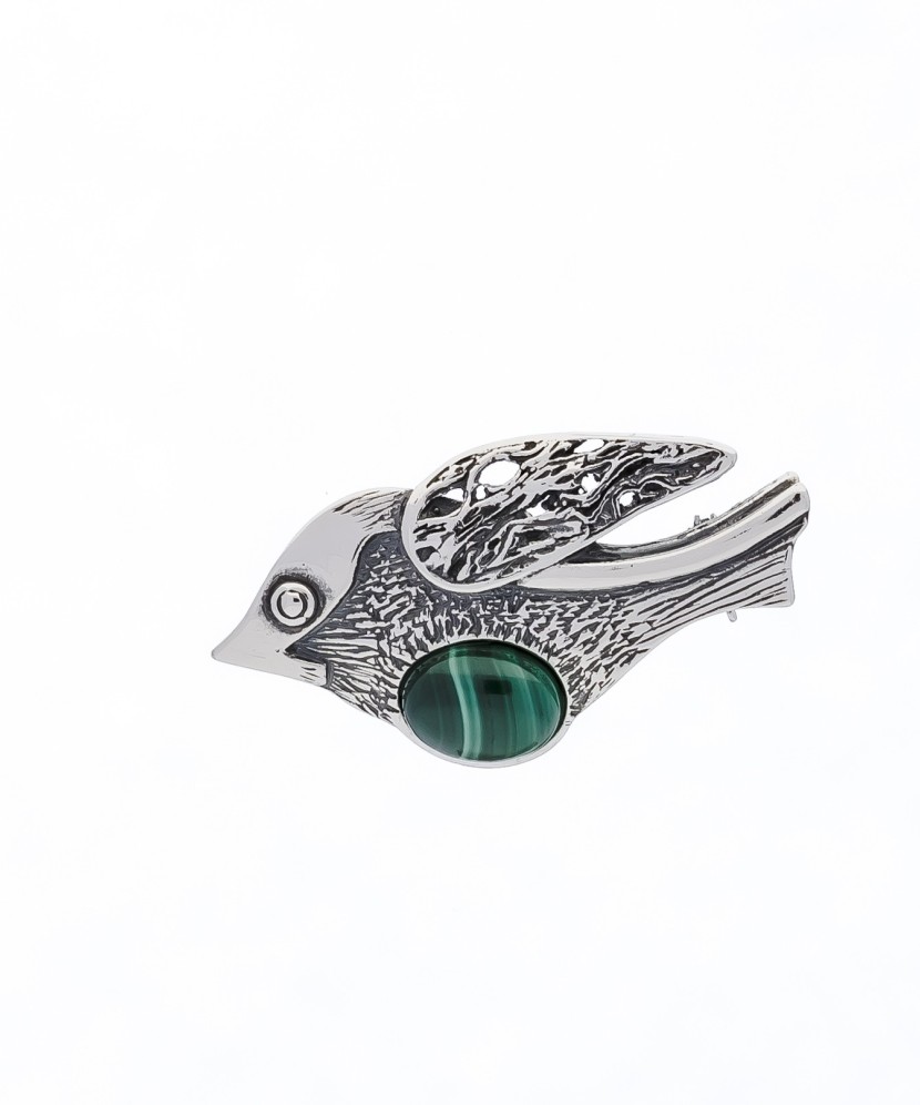 Серебряная брошь с малахитом "Птица"