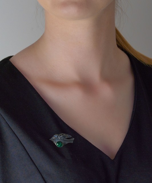 Sterling silver  brooch with malachite "Bird"