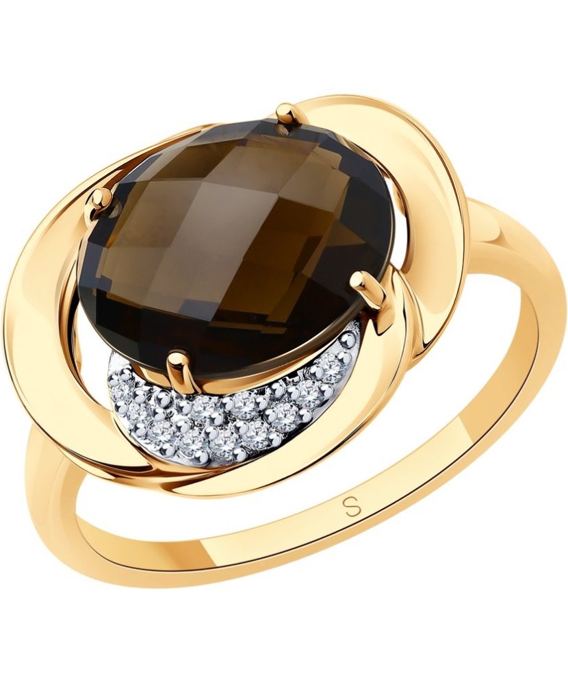 Gold ring with smoky topaz and zircons