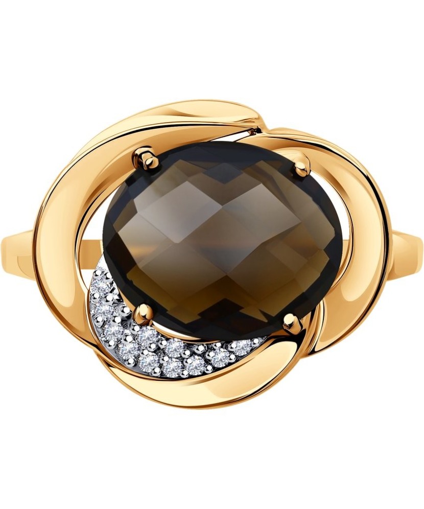 Gold ring with smoky topaz and zircons