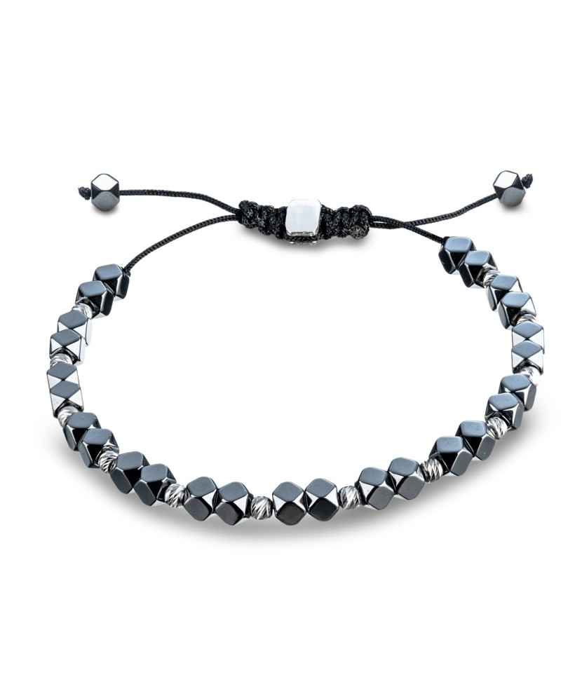 Black string bracelet with silver And Hematites