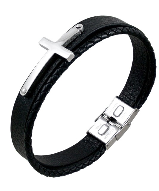 Браслет из кожи с нержавеющей сталью "Крест"