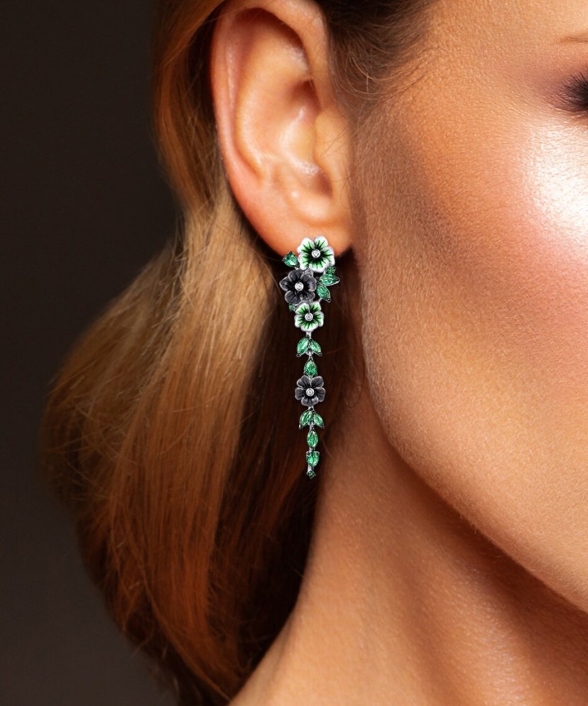 Sterling silver earrings with zircons, spinels and enamel