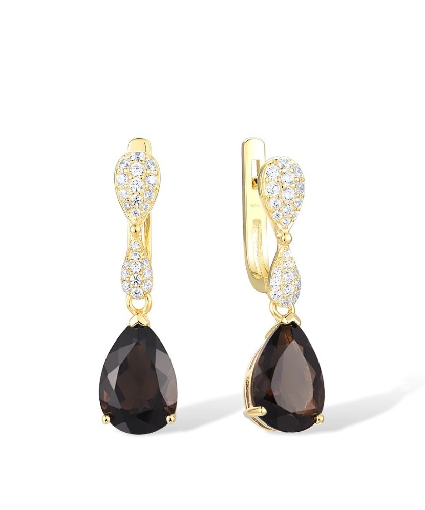 Gilded sterling silver earrings with smoky quartz and zircons