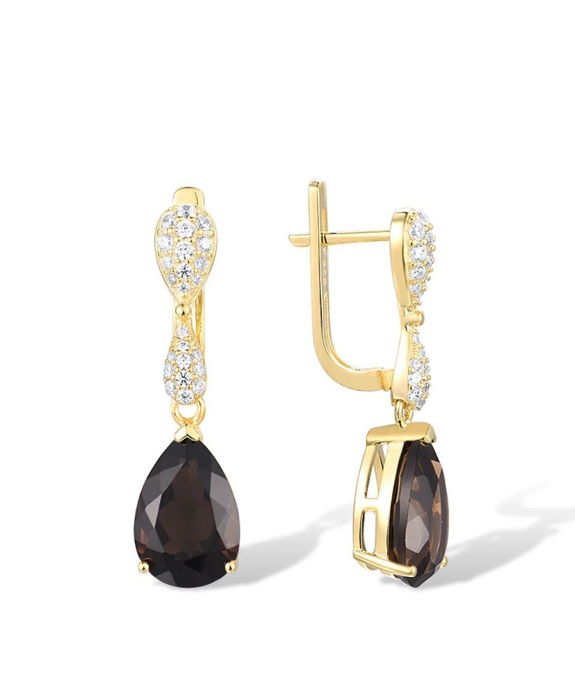 Gilded sterling silver earrings with smoky quartz and zircons