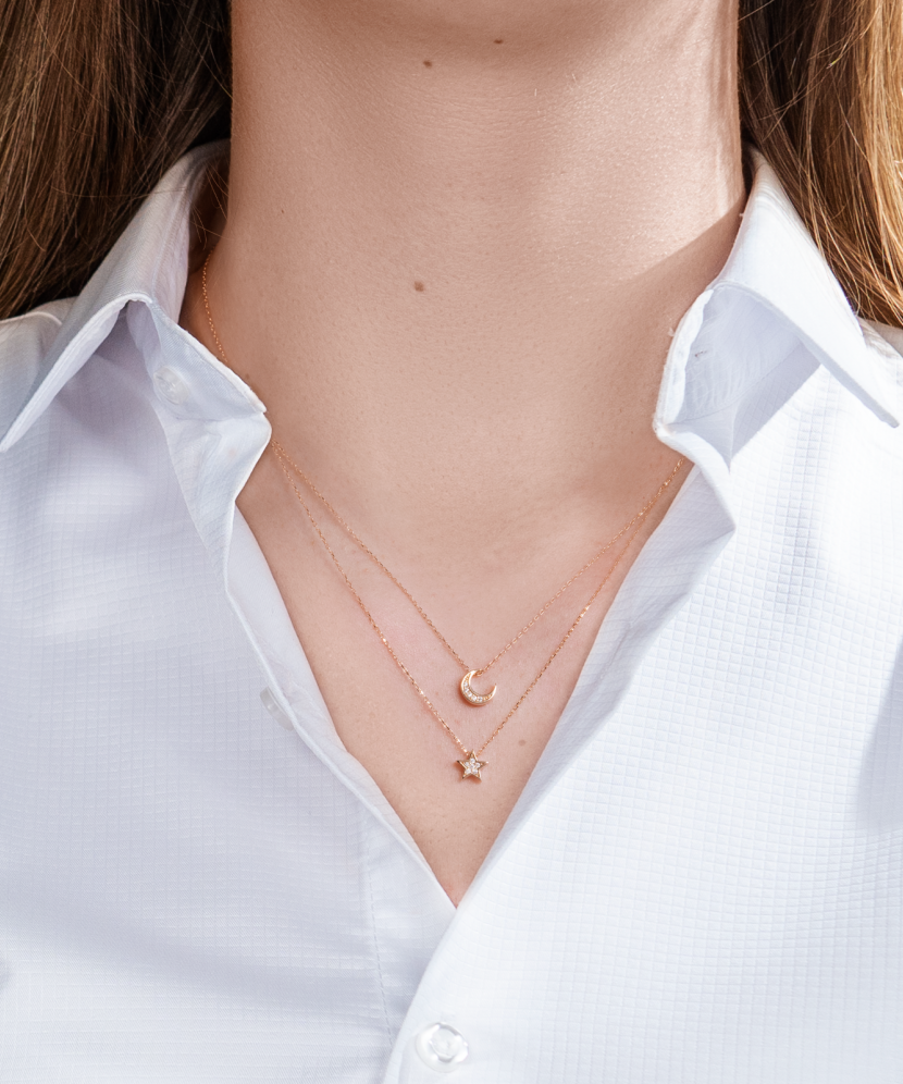 Gold double chain with zirconium pendant "Star and moon"