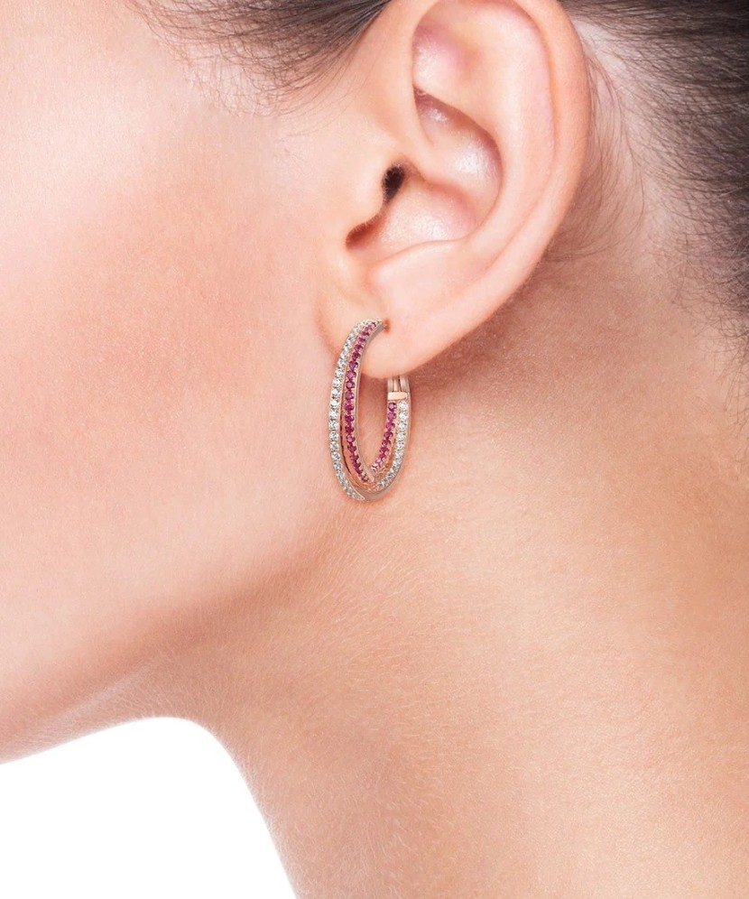 Позолоченные серебряные серьги с нано-рубинами и цирконами