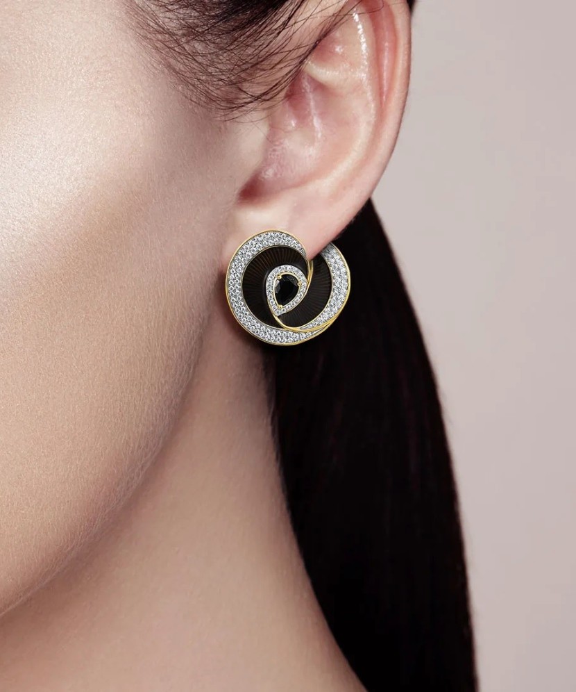 Серебряные позолоченные серьги с цирконом и эмаль