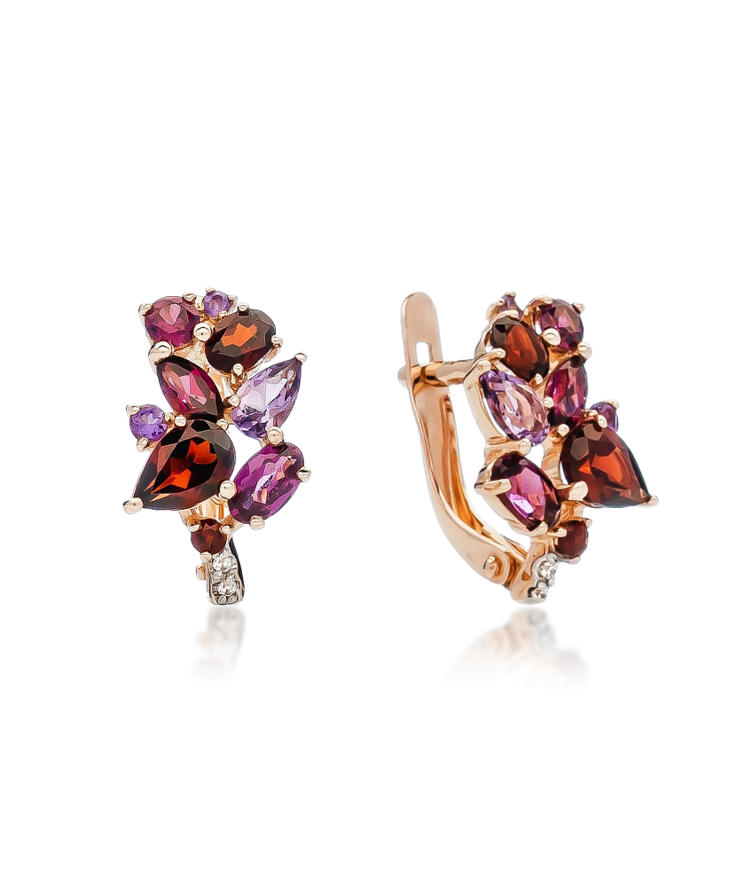 Золотые серьги с аметистами и родолитами Золотые серьги с аметистами и родолитами