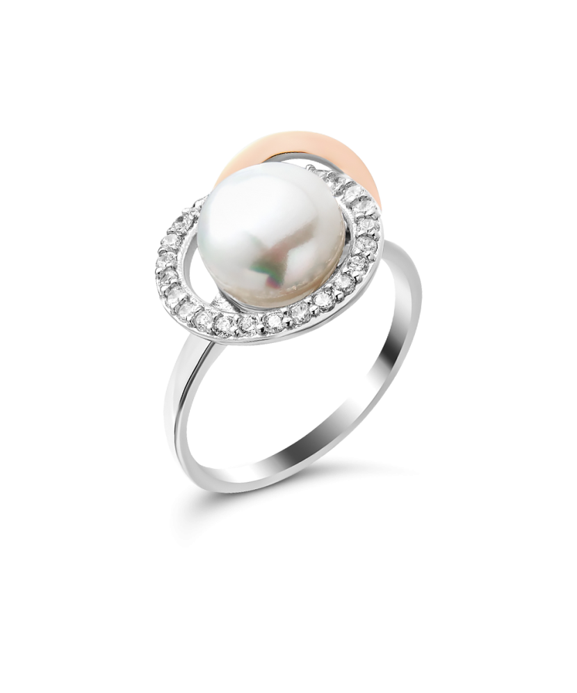 Sterling silver ring with pearl and zircons gold plated