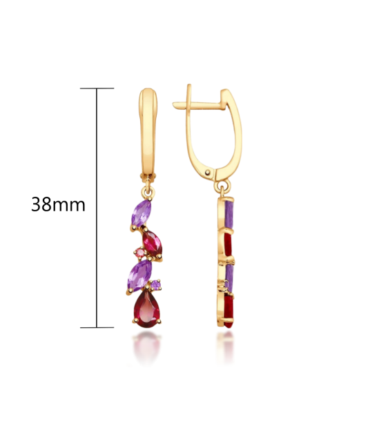 Gold earrings with amethysts and rhodolites