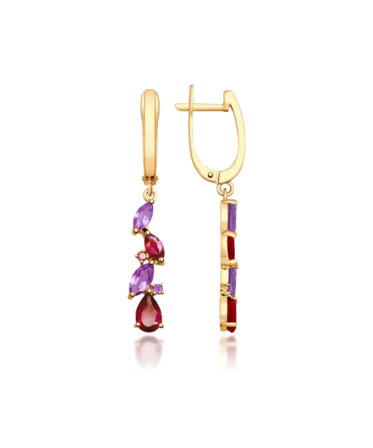 Gold earrings with amethysts and rhodolites