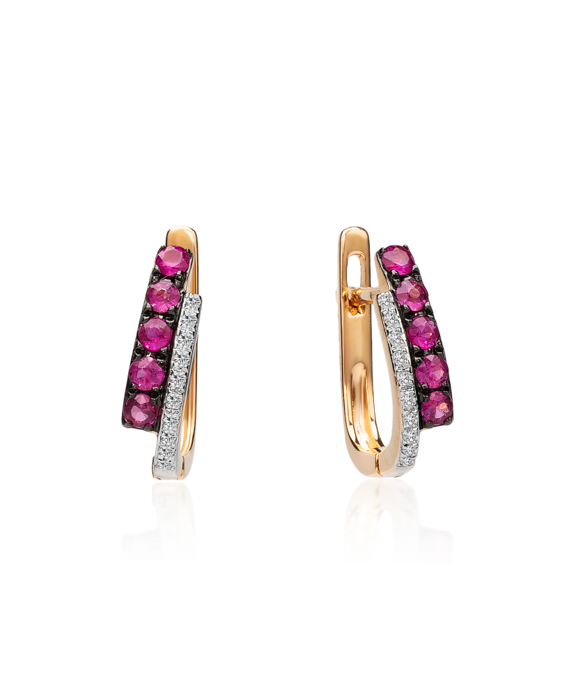 Золотые серьги с алмазами и рубинами Золотые серьги с алмазами и рубинами