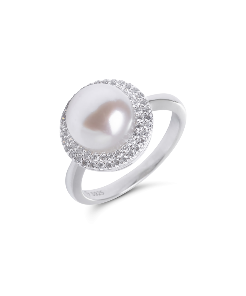Sterling silver ring with pearl and zircons