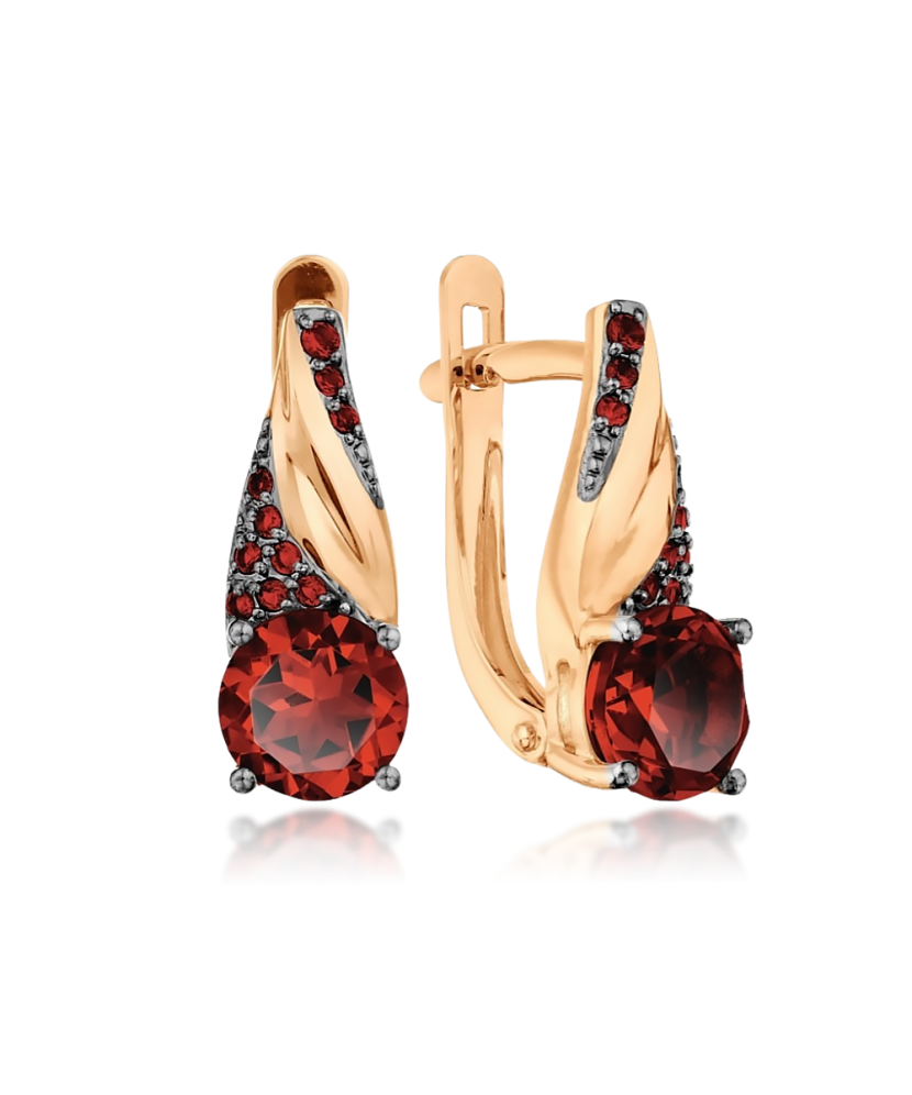 Gold earrings with garnet and zircons Gold earrings with garnet and zircons