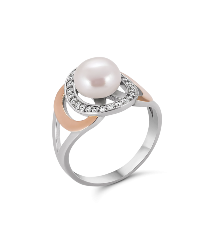 Sterling silver ring with pearl and zircons gold plated