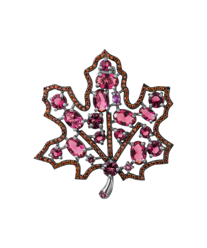 Sterling silver  brooch with zircons "maple tree leaf"