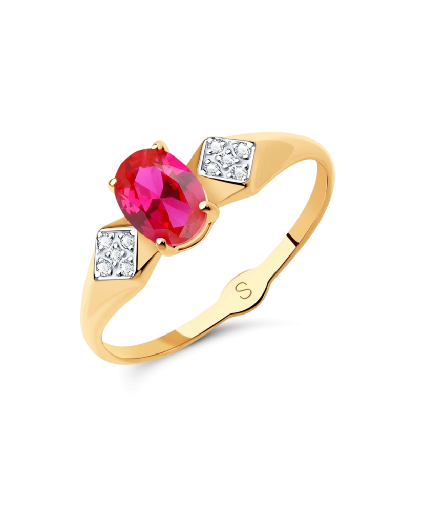 Gold ring with zircons and red corundum