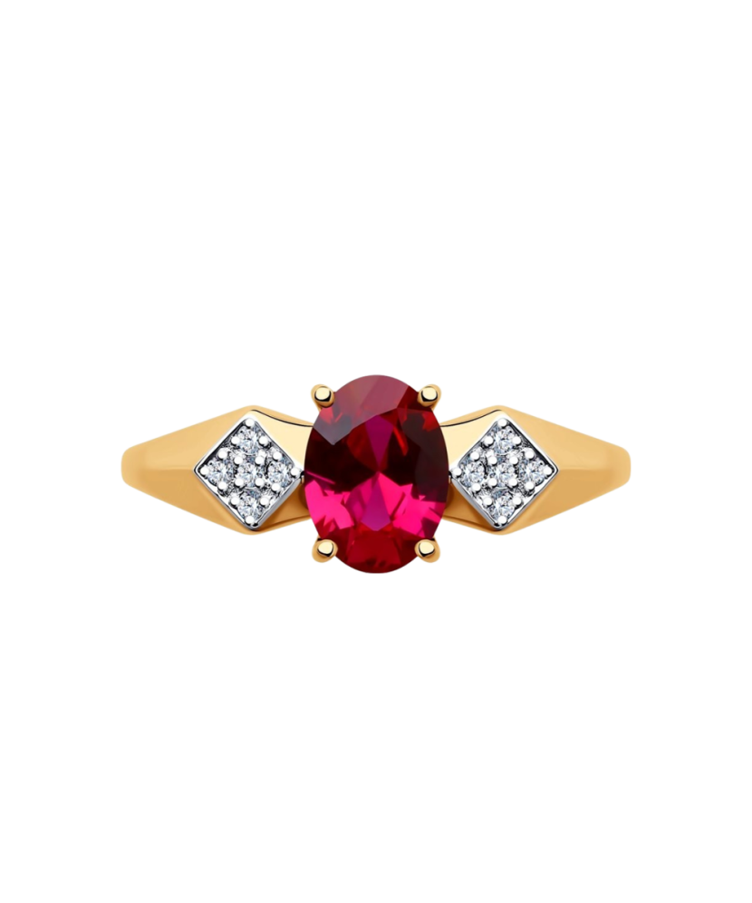 Gold ring with zircons and red corundum