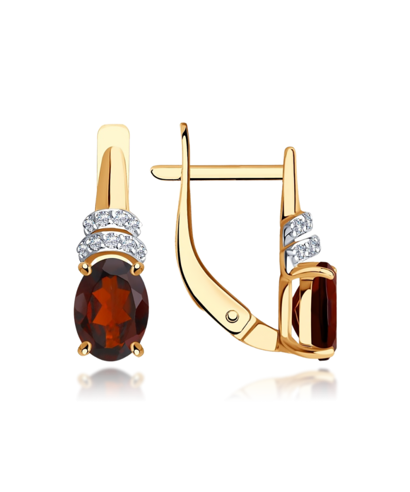 Gold earrings with zircons and garnet Gold earrings with zircons and garnet
