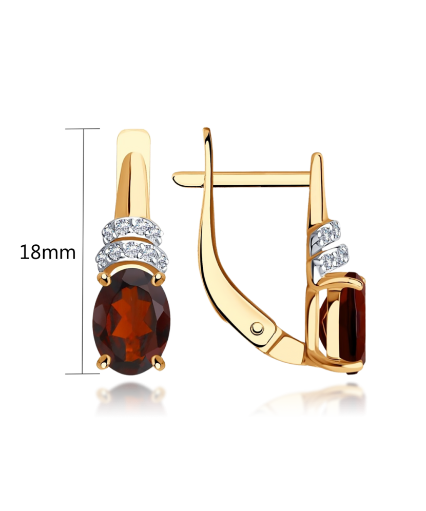 Gold earrings with zircons and garnet Gold earrings with zircons and garnet