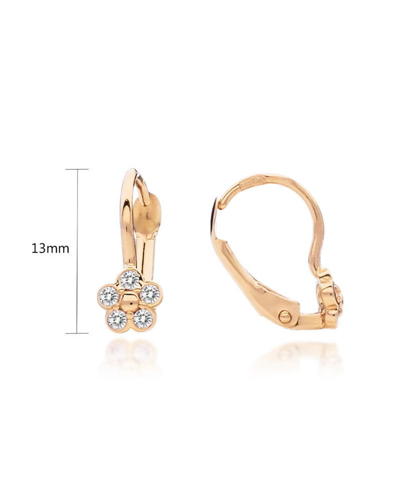Gold children's earrings with zircons "flowers"