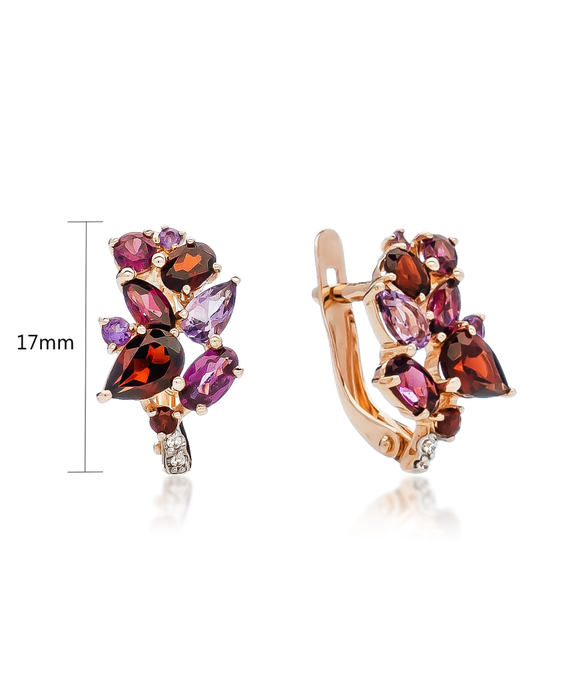 Золотые серьги с аметистами и родолитами Золотые серьги с аметистами и родолитами