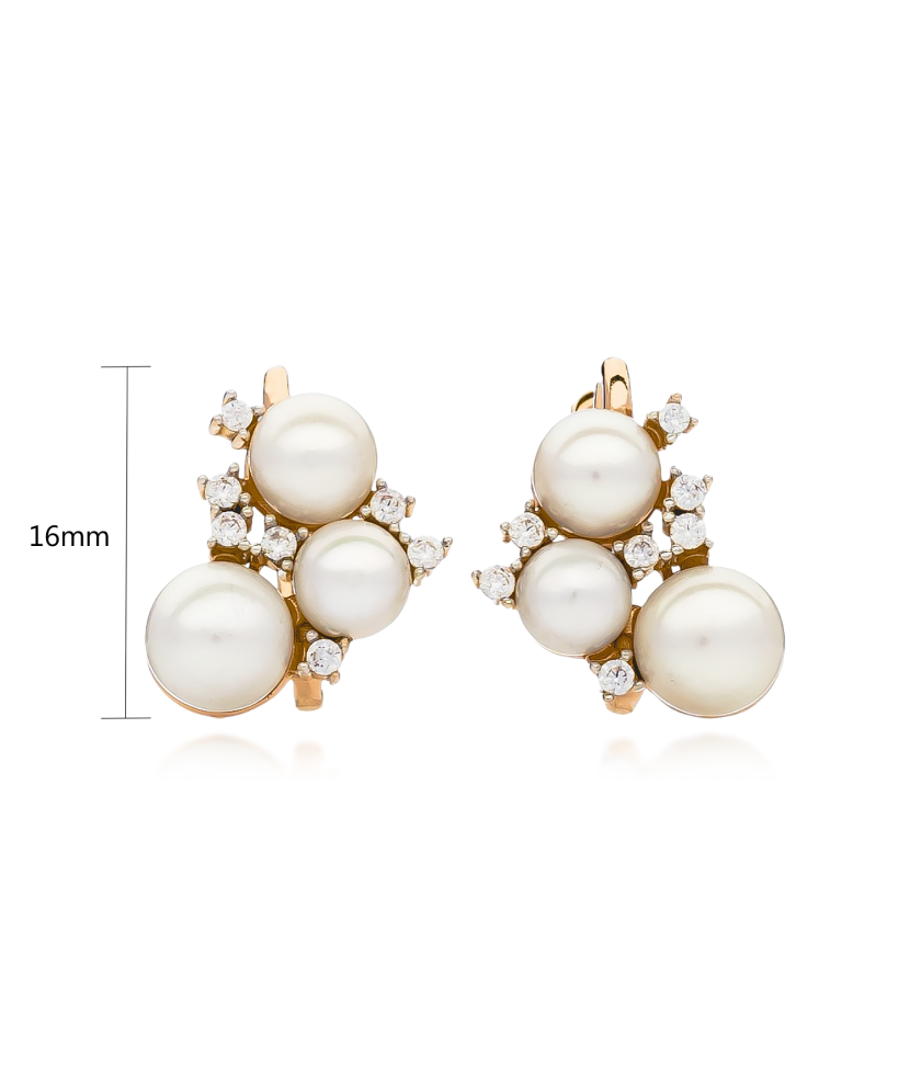 Gold earrings with pearls and zircons Gold earrings with pearls and zircons
