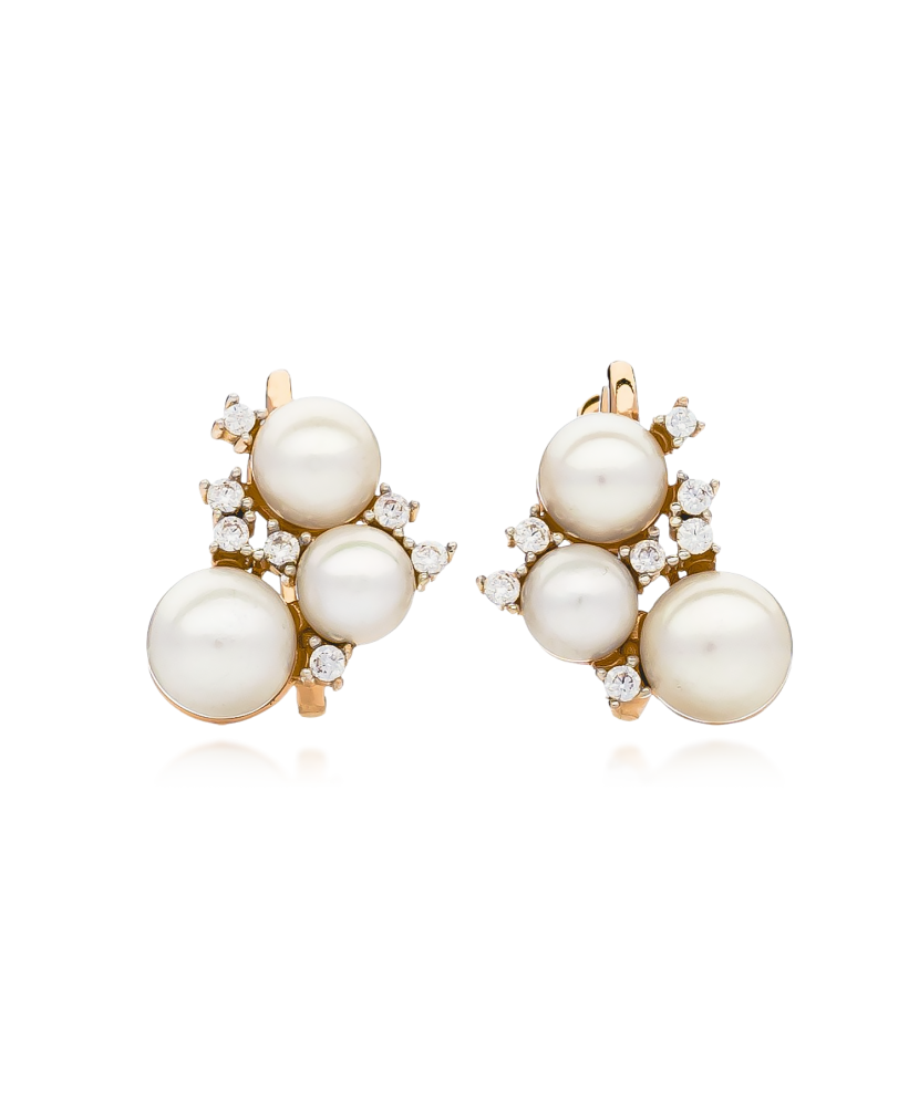 Gold earrings with pearls and zircons Gold earrings with pearls and zircons