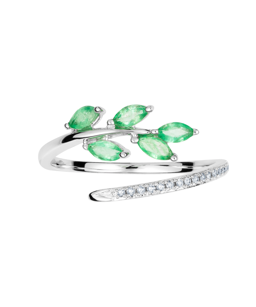 White gold ring with diamonds and emeralds