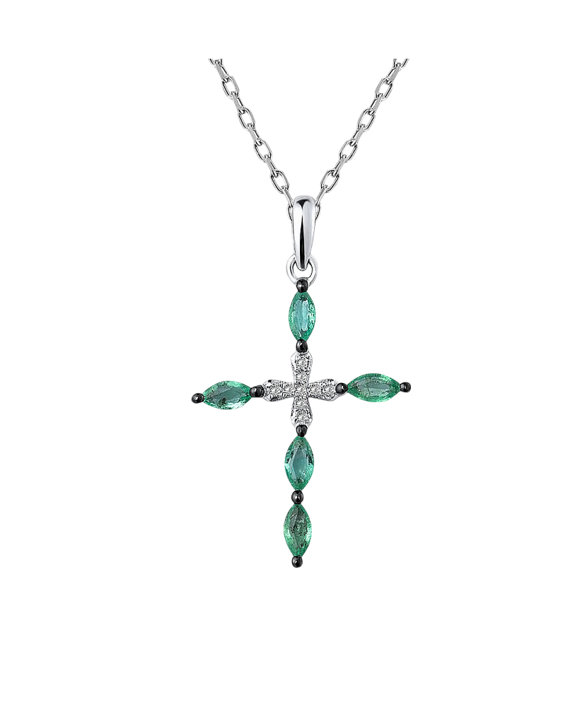 White gold pendant with diamonds and emeralds "Cross"
