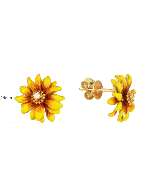 Gilded sterling silver earrings with zircons and enamel "Flower"