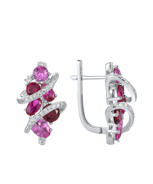 Серьги из  серебра с цирконами, нано-сапфирами и нано-рубинами