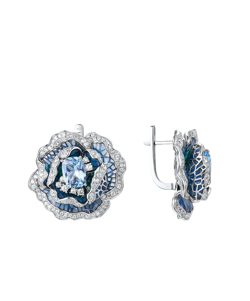 Sterling Silver earrings with zircons enamal and spinels "Flower"