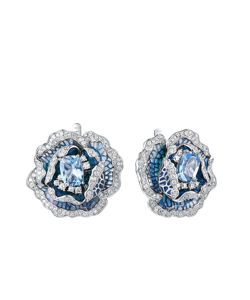 Sterling Silver earrings with zircons enamal and spinels "Flower"