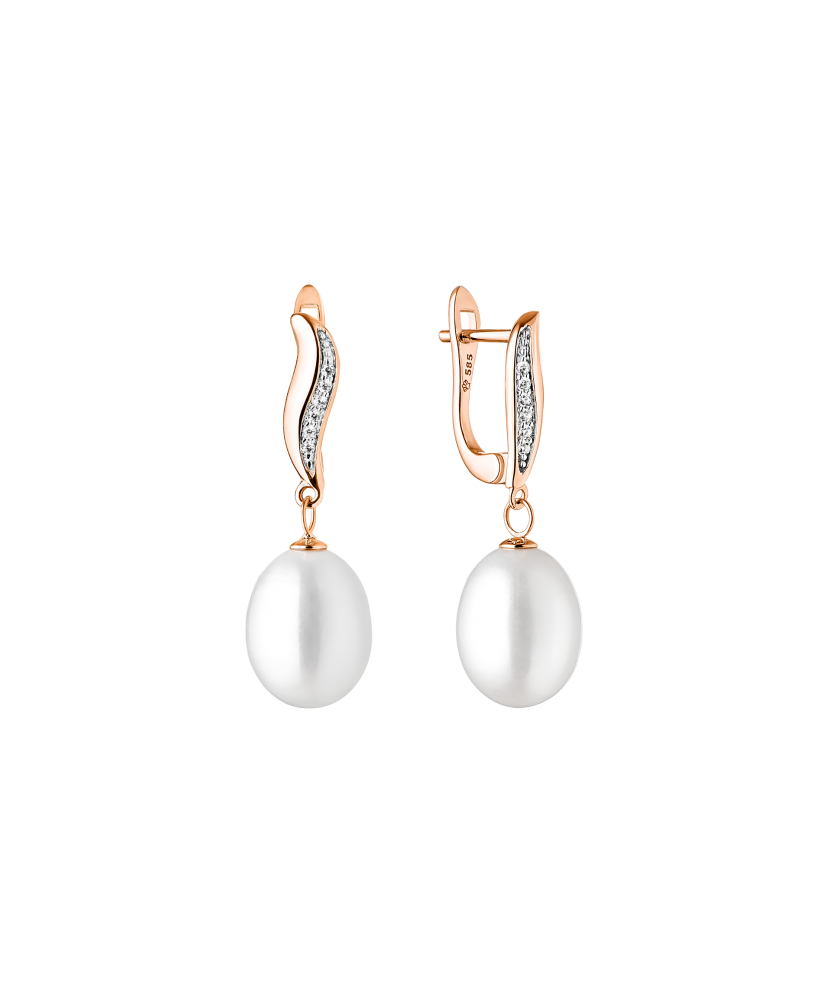 Gold earrings with pearls and zircons Gold earrings with pearls and zircons