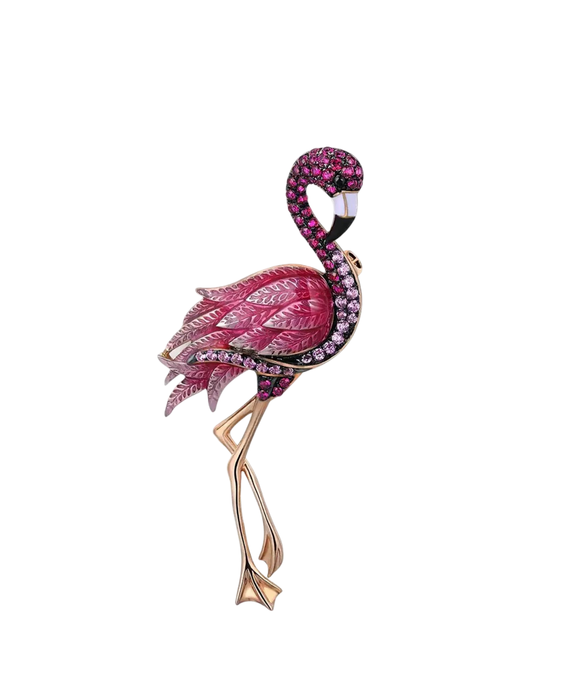 Glided sterling Silver brooch with enamel and zircons "flamingo"
