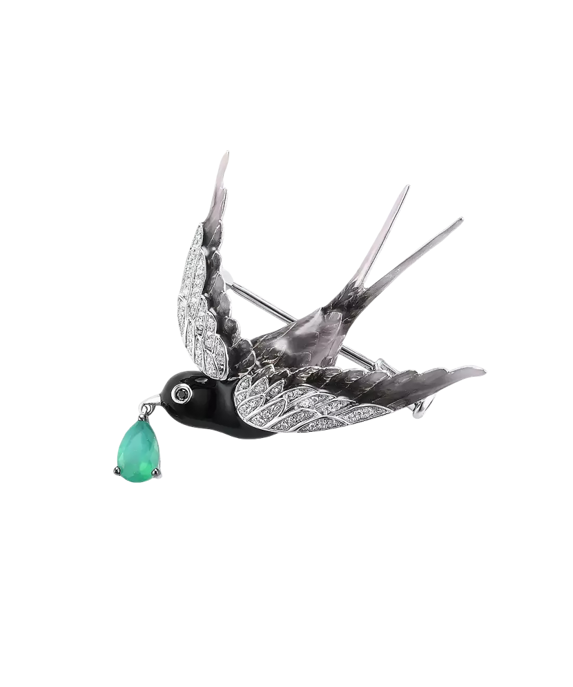 Sterling  Silver brooch with agate, enamel and zircons "Bird"