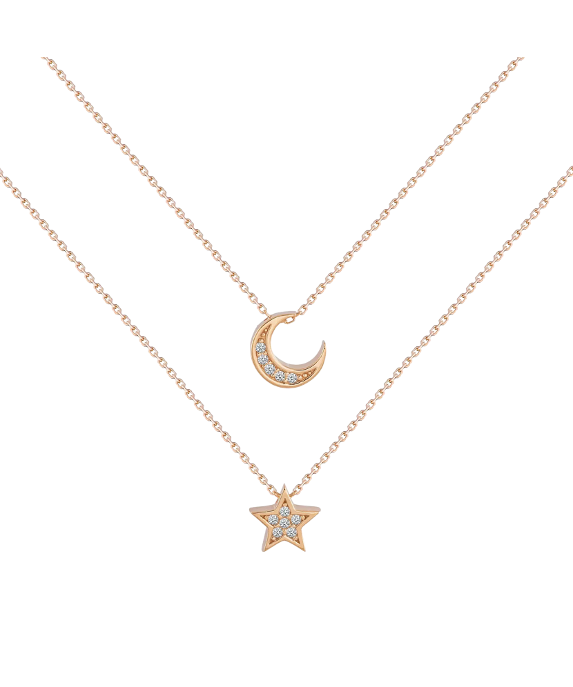 Gold double chain with zirconium pendant "Star and moon"