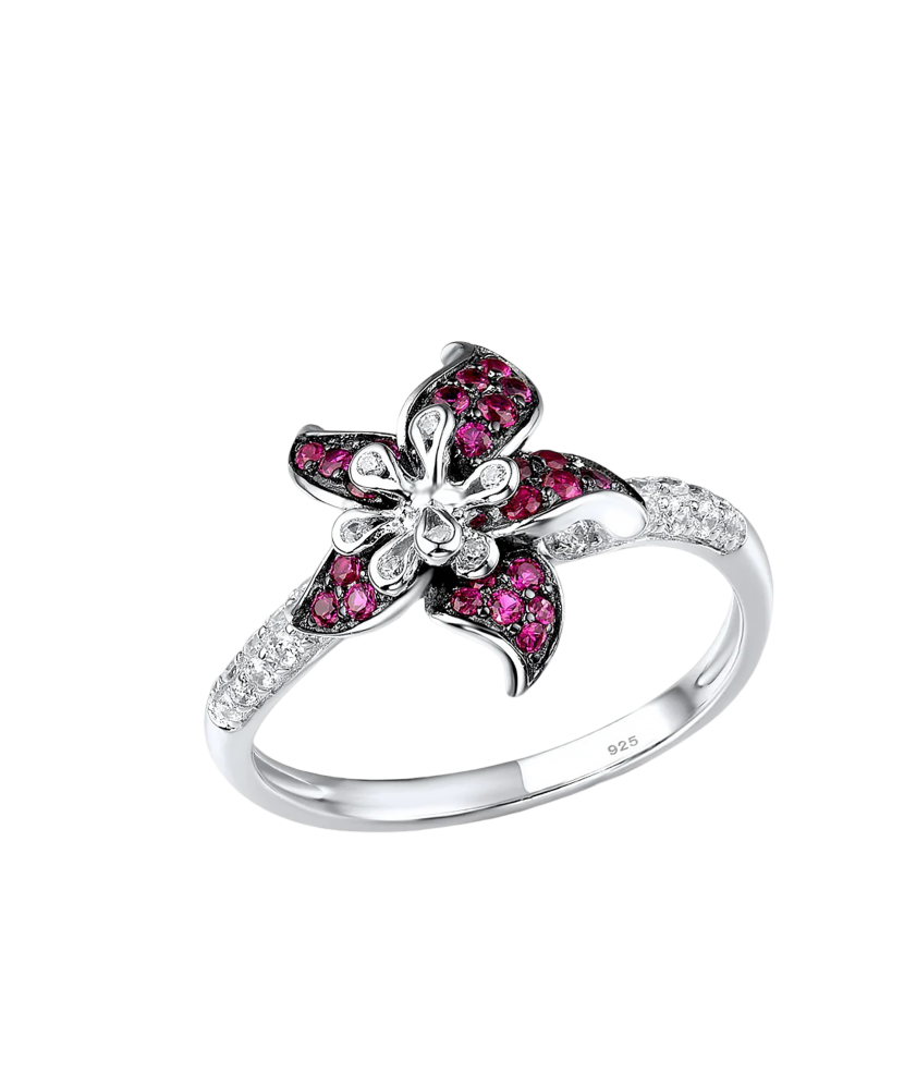 Silver ring with zircons and nano ruby "Flower"