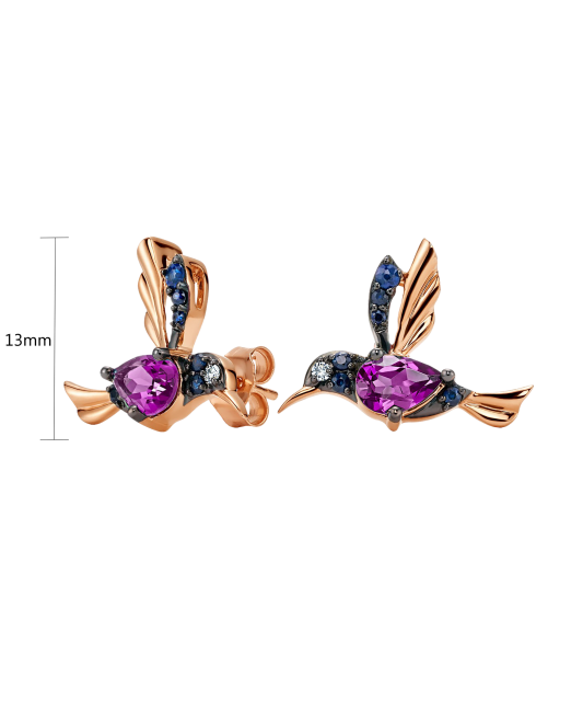 Gold earrings with brilliants, rhodolites and sapphires