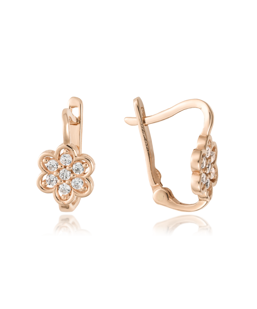 Gold earrings with zircons "flowers"