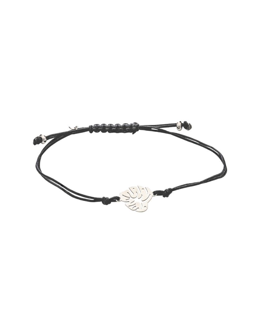Black string bracelet with a silver pendant "leaf"