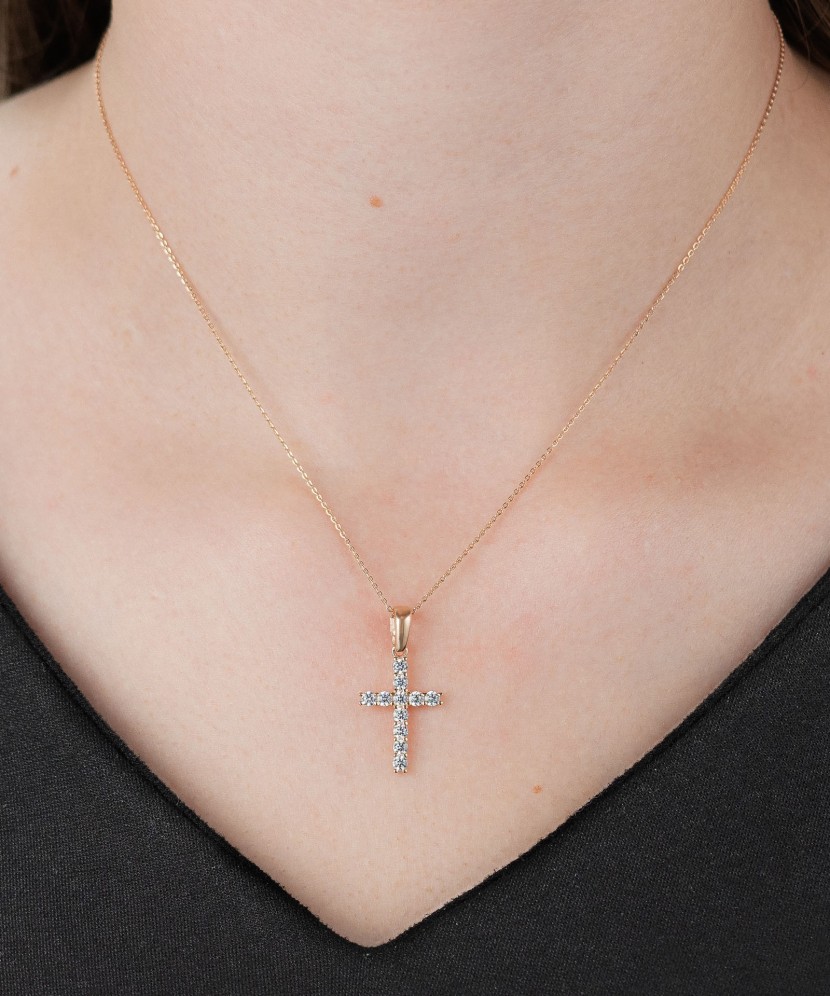 Gold pendant with zircons "cross" 30mm