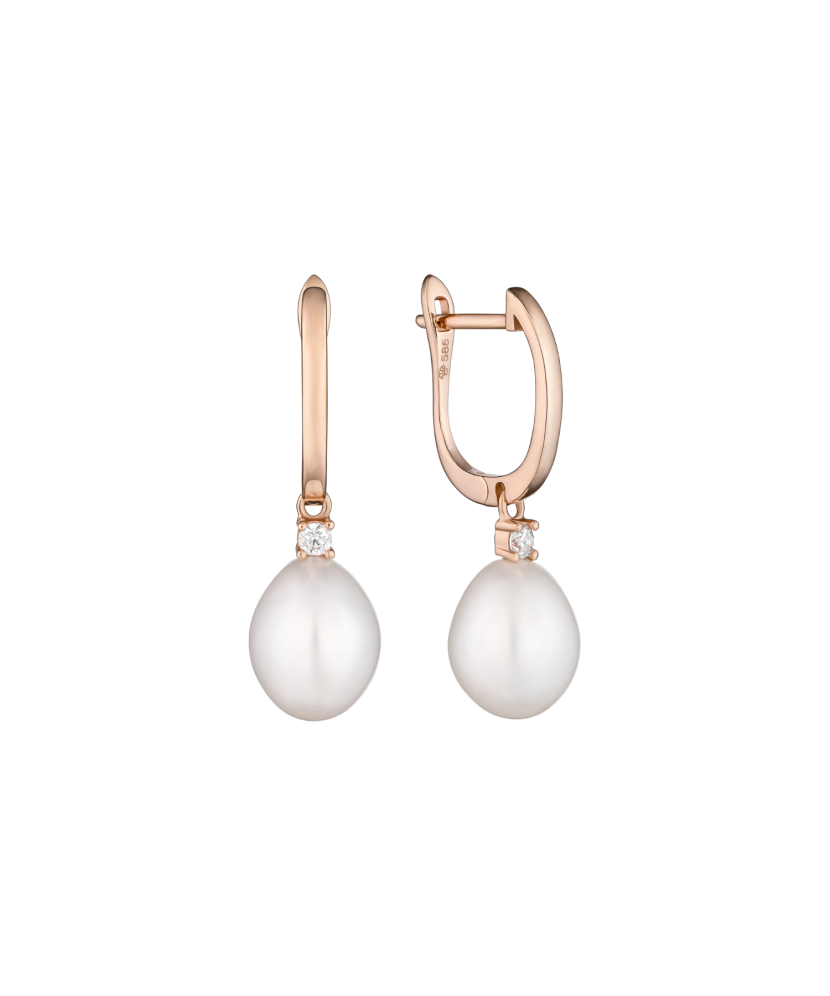 Gold earrings with pearls and zircons Gold earrings with pearls and zircons