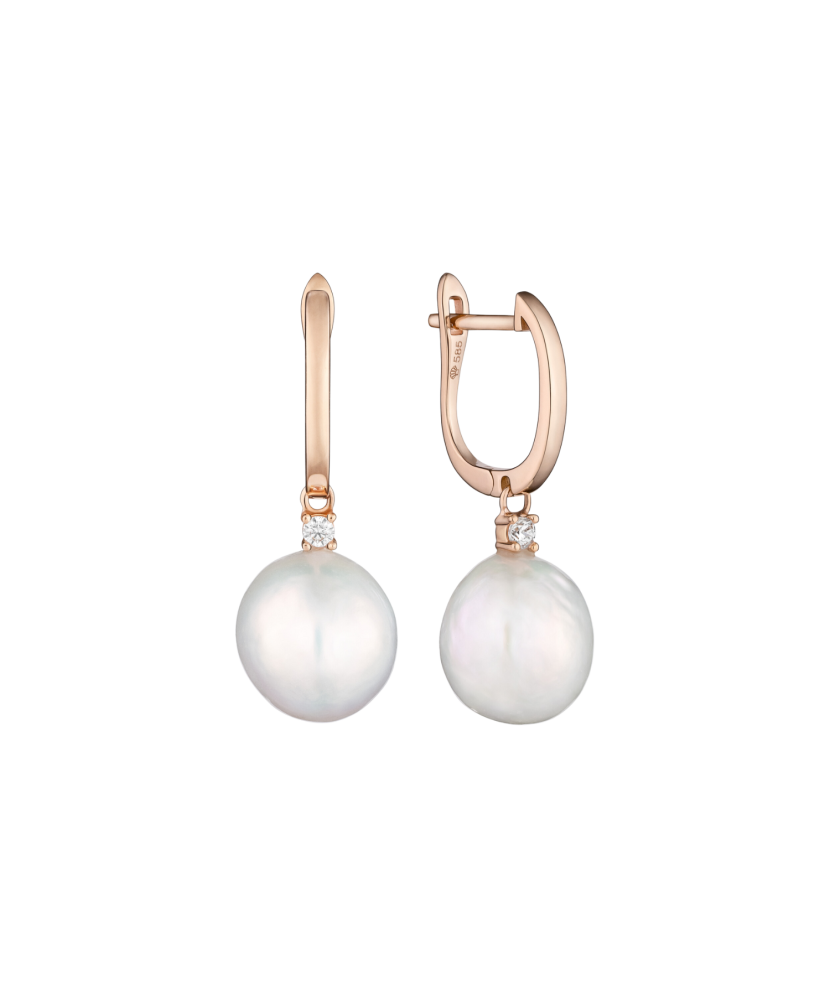Gold earrings with pearls and zircons Gold earrings with pearls and zircons
