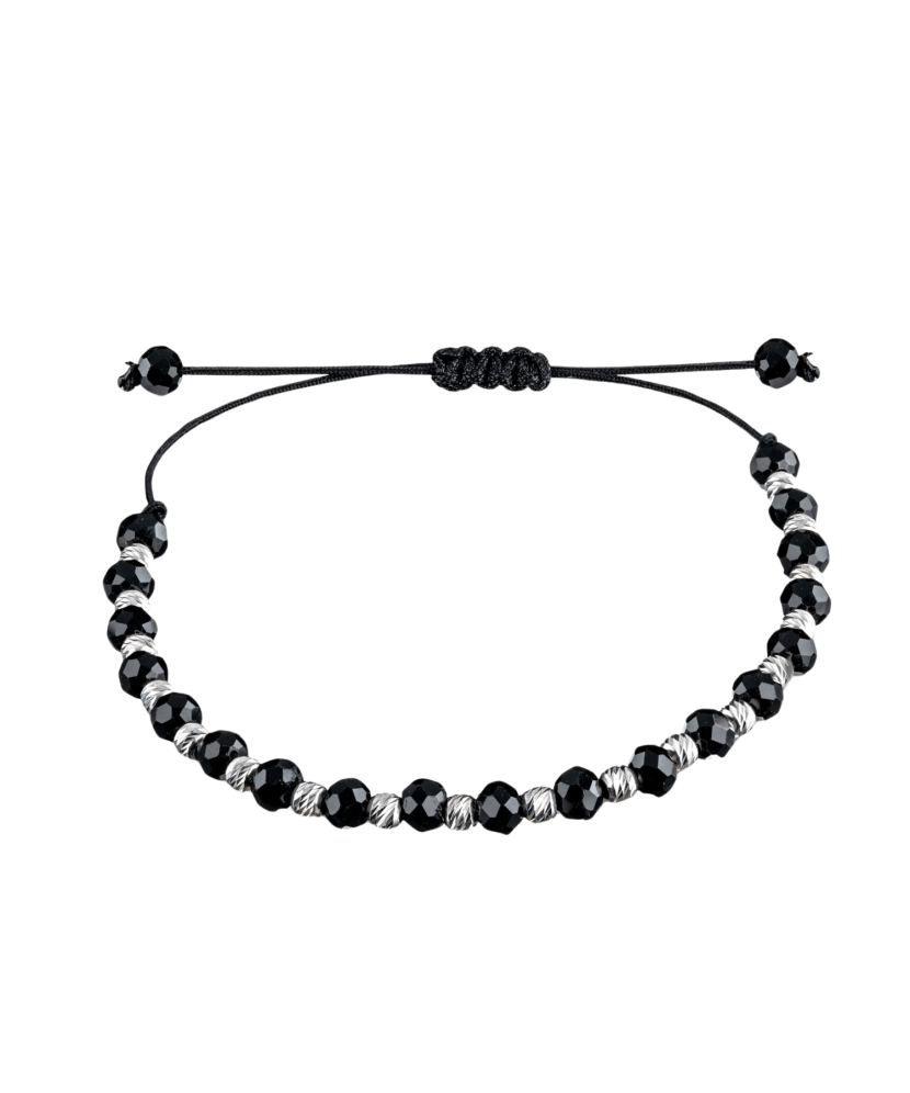 Black string bracelet with silver and onyxes