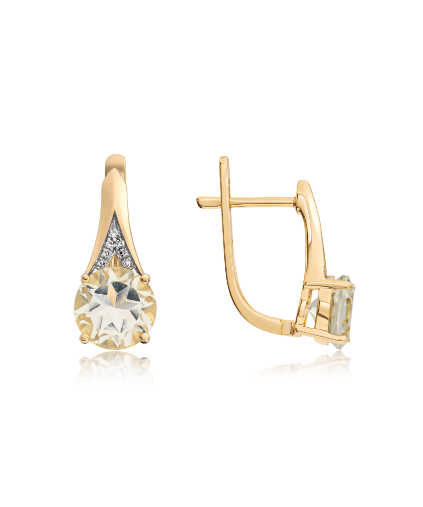 Yellow gold earrings with diamonds and green amethyst