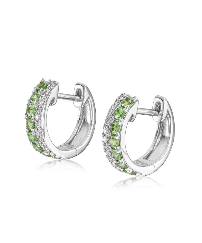 White gold earrings with diamonds and green garnet