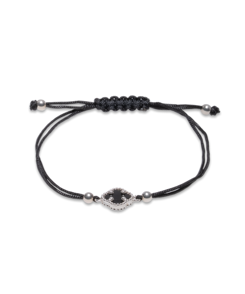 Black string bracelet with silver and onyxes